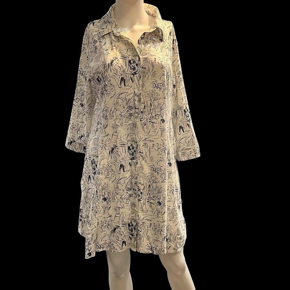 Isaac Mizrahi Shirt Dress White Linen Blend Mini Vacation Travel Print M Artsy